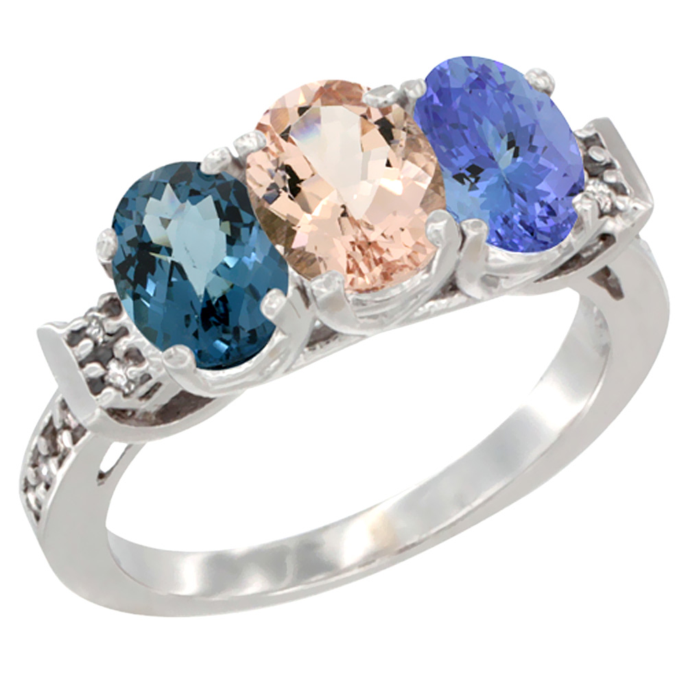 10K White Gold Natural London Blue Topaz, Morganite & Tanzanite Ring 3-Stone Oval 7x5 mm Diamond Accent, sizes 5 - 10