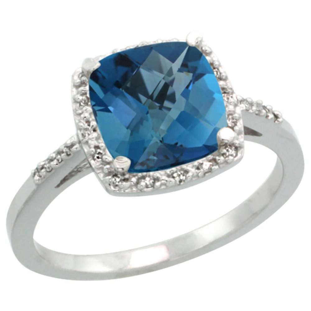 14K White Gold Diamond Natural London Blue Topaz Ring Cushion-cut 8x8 mm, sizes 5-10