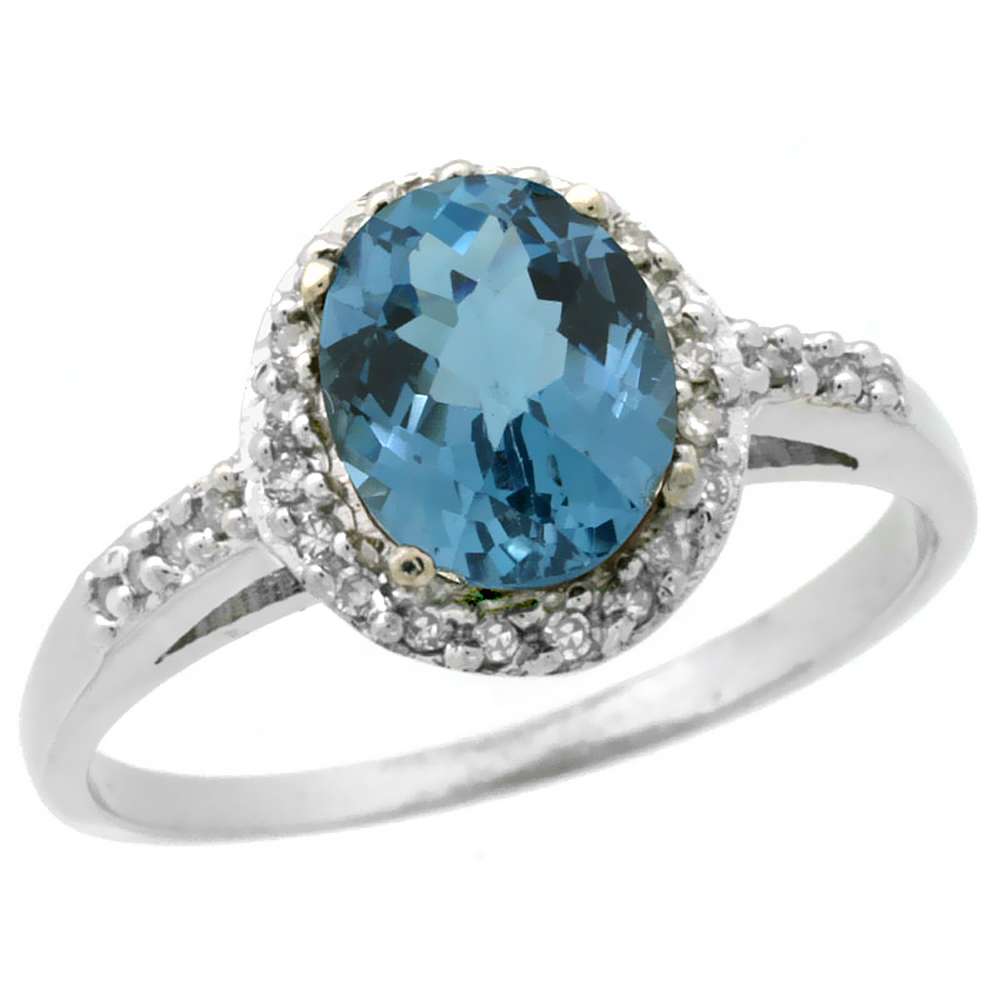 14K White Gold Diamond Natural London Blue Topaz Ring Oval 8x6mm, sizes 5-10