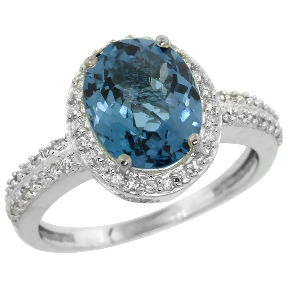 10K White Gold Diamond Natural London Blue Topaz Engagement Ring Oval 10x8mm, sizes 5-10