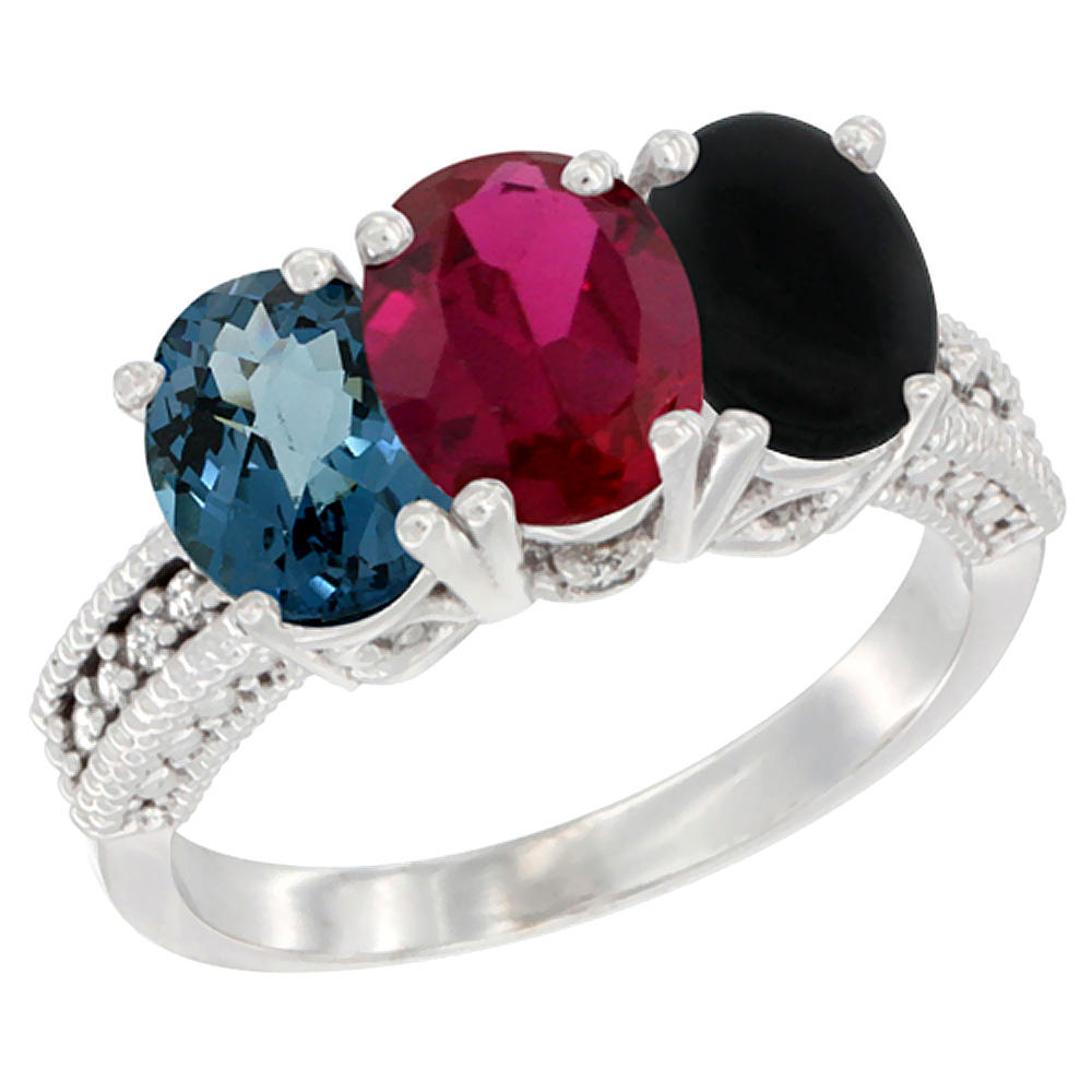 10K White Gold Natural London Blue Topaz, Ruby & Black Onyx Ring 3-Stone Oval 7x5 mm Diamond Accent, sizes 5 - 10