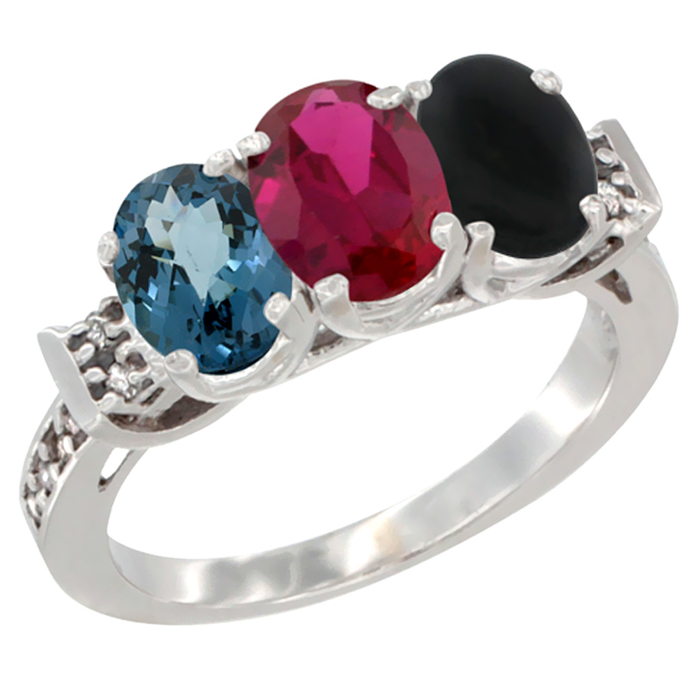 14K White Gold Natural London Blue Topaz, Enhanced Ruby & Natural Black Onyx Ring 3-Stone 7x5 mm Oval Diamond Accent, sizes 5 - 10