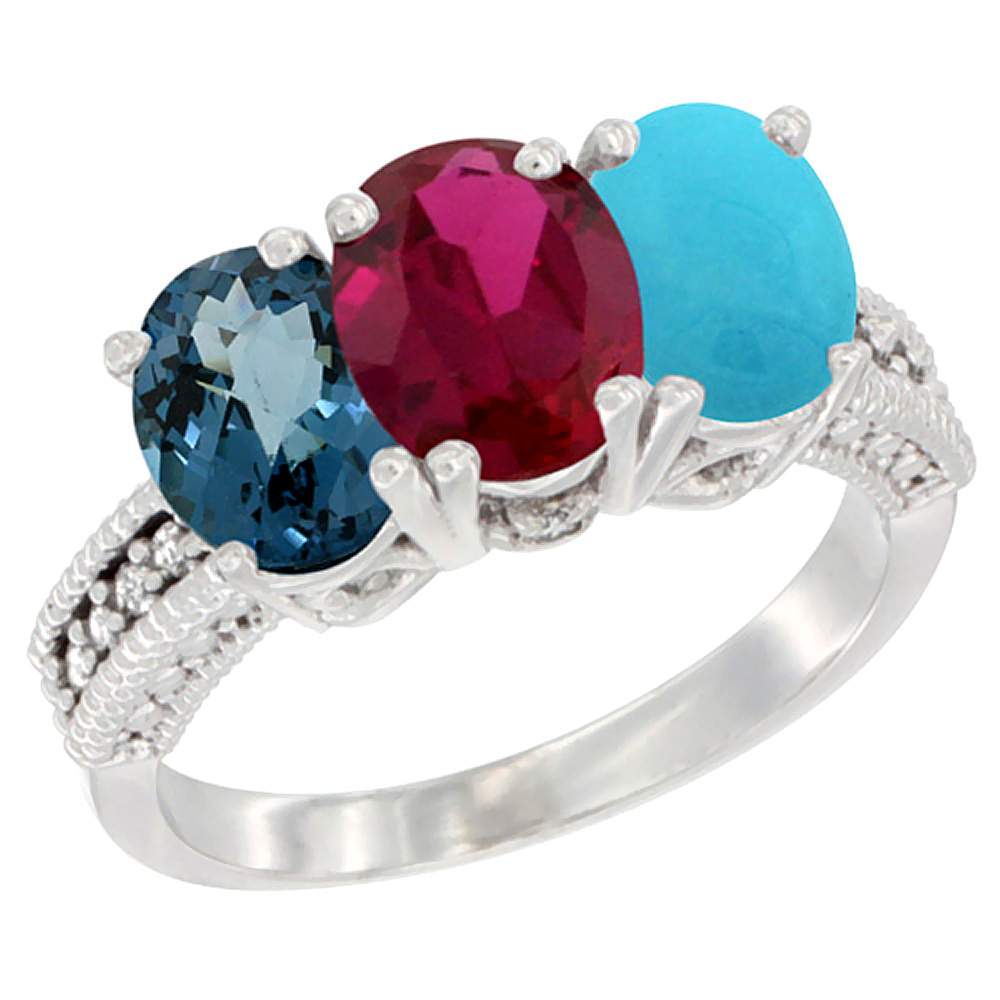 14K White Gold Natural London Blue Topaz, Enhanced Ruby &amp; Natural Turquoise Ring 3-Stone 7x5 mm Oval Diamond Accent, sizes 5 - 10