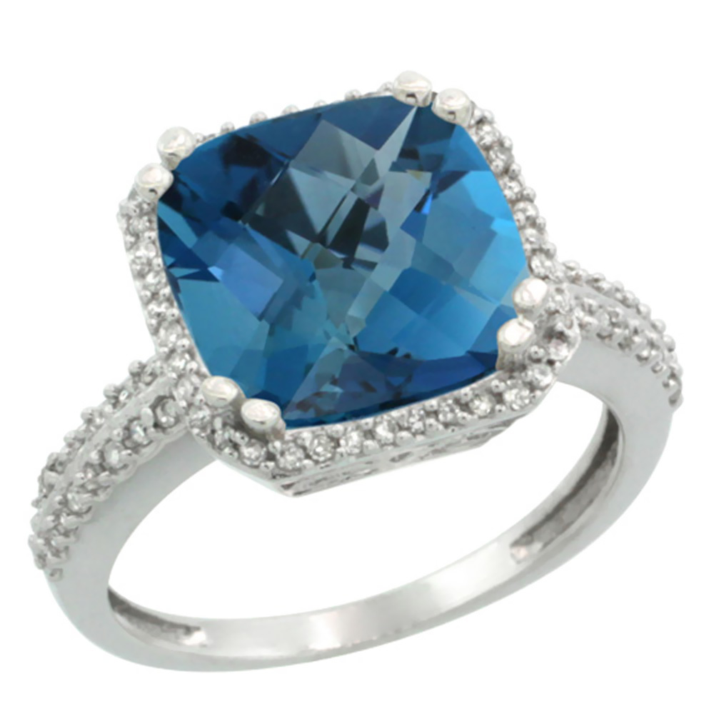 10k White Gold Natural London Blue Topaz Ring Cushion-cut 11x11mm Diamond Halo, sizes 5-10