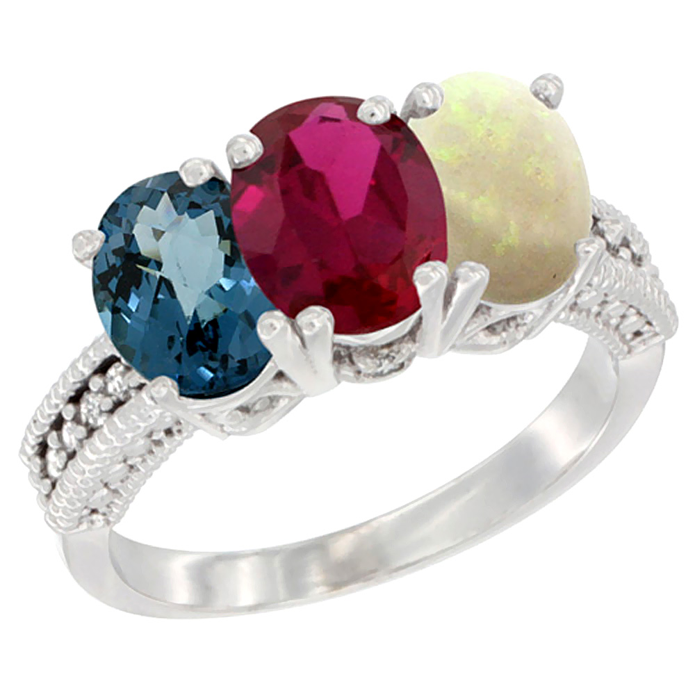 10K White Gold Natural London Blue Topaz, Ruby & Opal Ring 3-Stone Oval 7x5 mm Diamond Accent, sizes 5 - 10