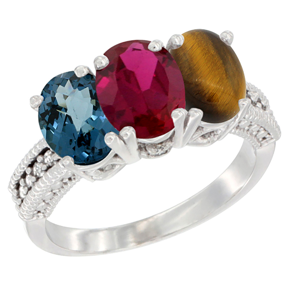 10K White Gold Natural London Blue Topaz, Ruby & Tiger Eye Ring 3-Stone Oval 7x5 mm Diamond Accent, sizes 5 - 10