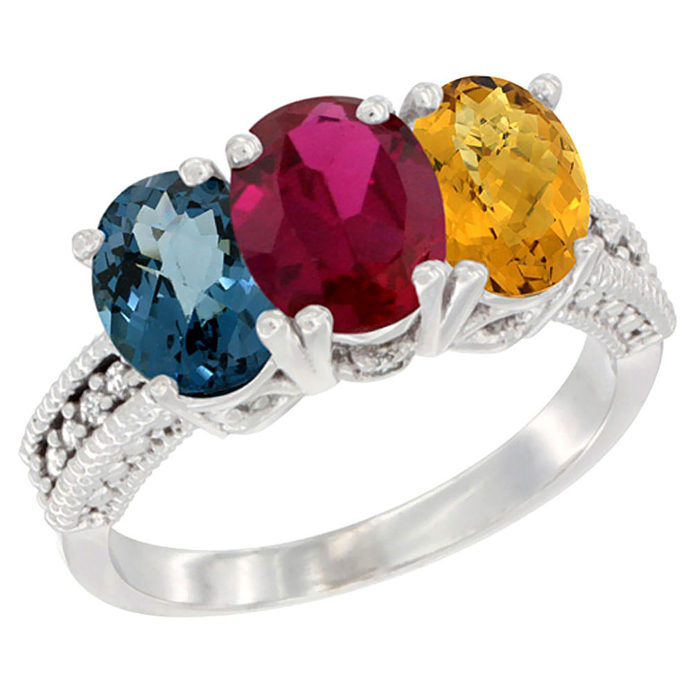 10K White Gold Natural London Blue Topaz, Ruby & Whisky Quartz Ring 3-Stone Oval 7x5 mm Diamond Accent, sizes 5 - 10