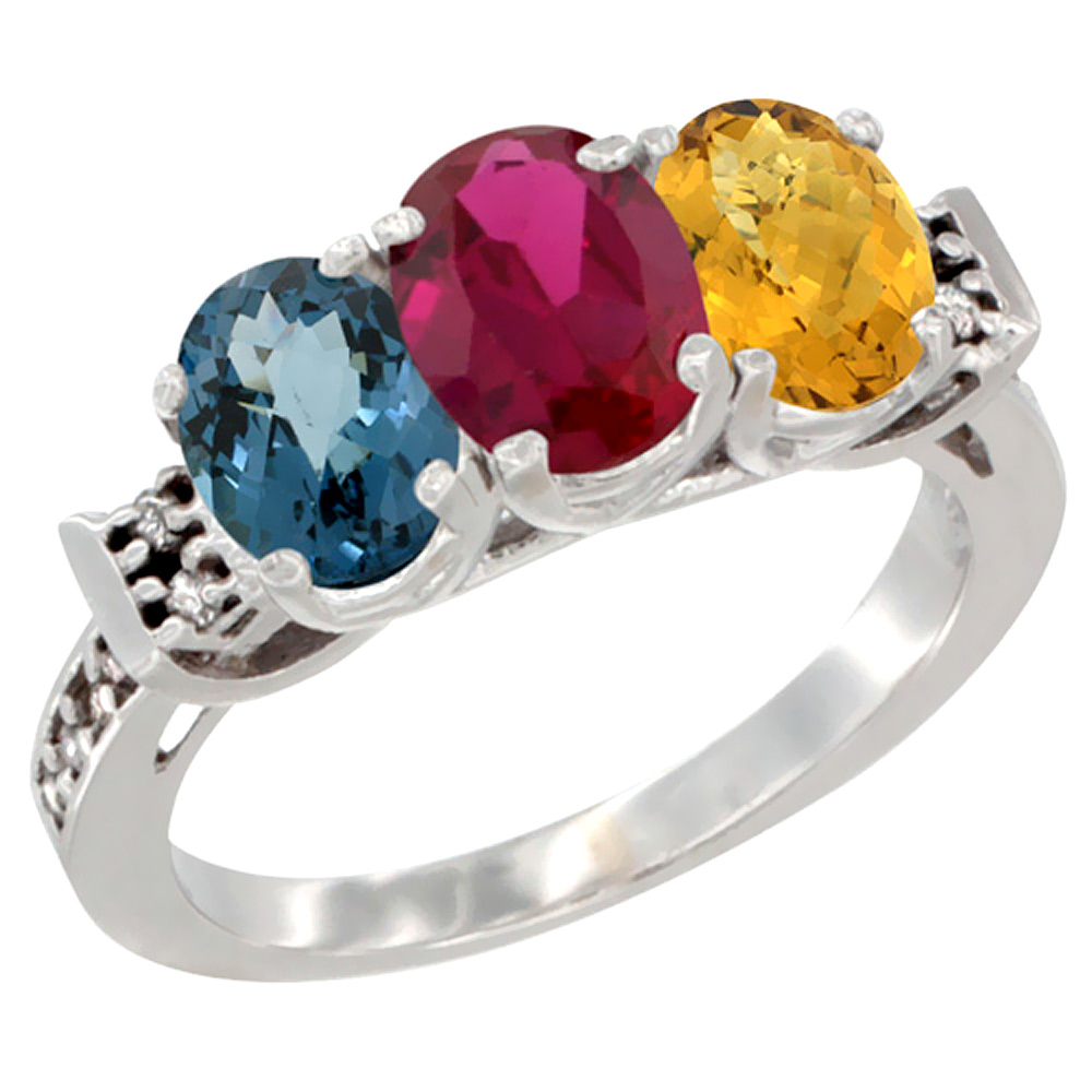 10K White Gold Natural London Blue Topaz, Enhanced Ruby &amp; Natural Whisky Quartz Ring 3-Stone Oval 7x5 mm Diamond Accent, sizes 5 - 10