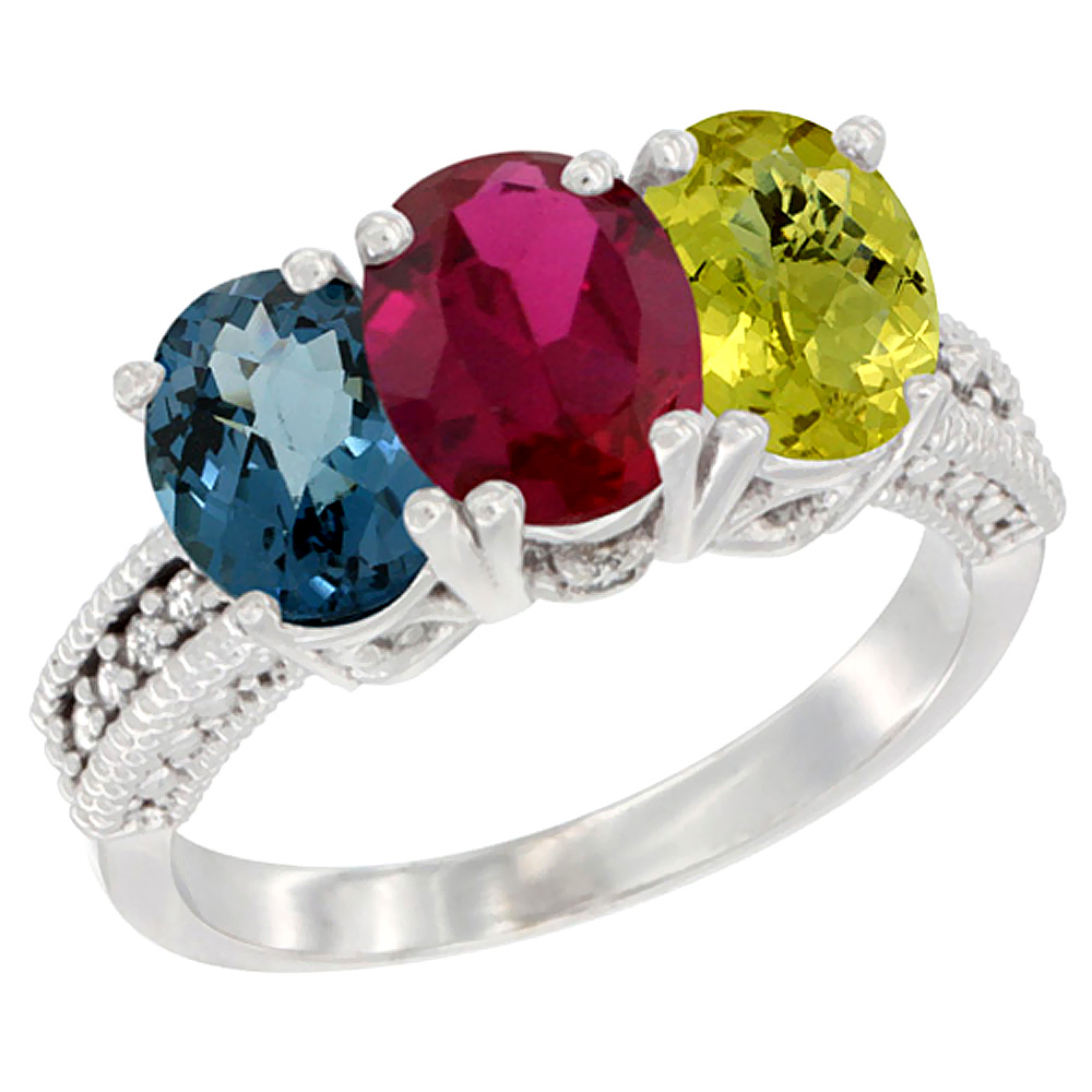 14K White Gold Natural London Blue Topaz, Enhanced Ruby &amp; Natural Lemon Quartz Ring 3-Stone 7x5 mm Oval Diamond Accent, sizes 5 - 10