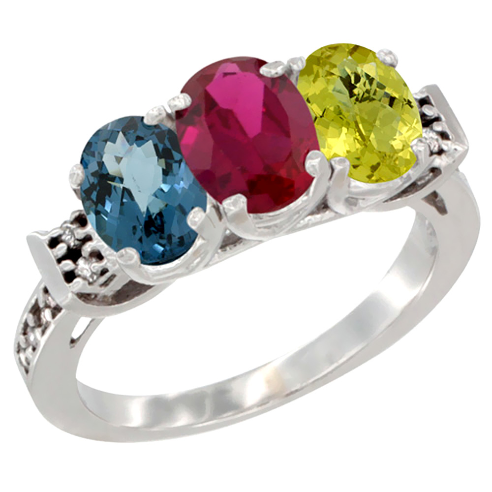 10K White Gold Natural London Blue Topaz, Enhanced Ruby & Natural Lemon Quartz Ring 3-Stone Oval 7x5 mm Diamond Accent, sizes 5 - 10