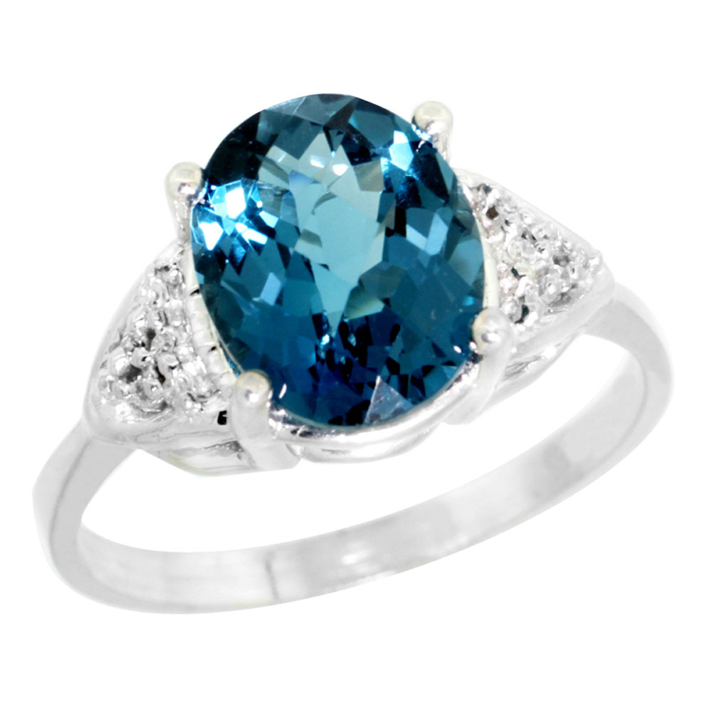 10K White Gold Diamond Natural London Blue Topaz Engagement Ring Oval 10x8mm, sizes 5-10