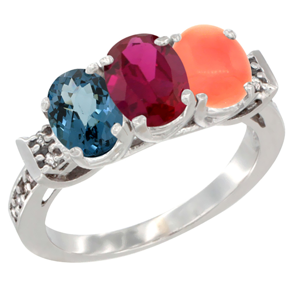 14K White Gold Natural London Blue Topaz, Enhanced Ruby &amp; Natural Coral Ring 3-Stone 7x5 mm Oval Diamond Accent, sizes 5 - 10