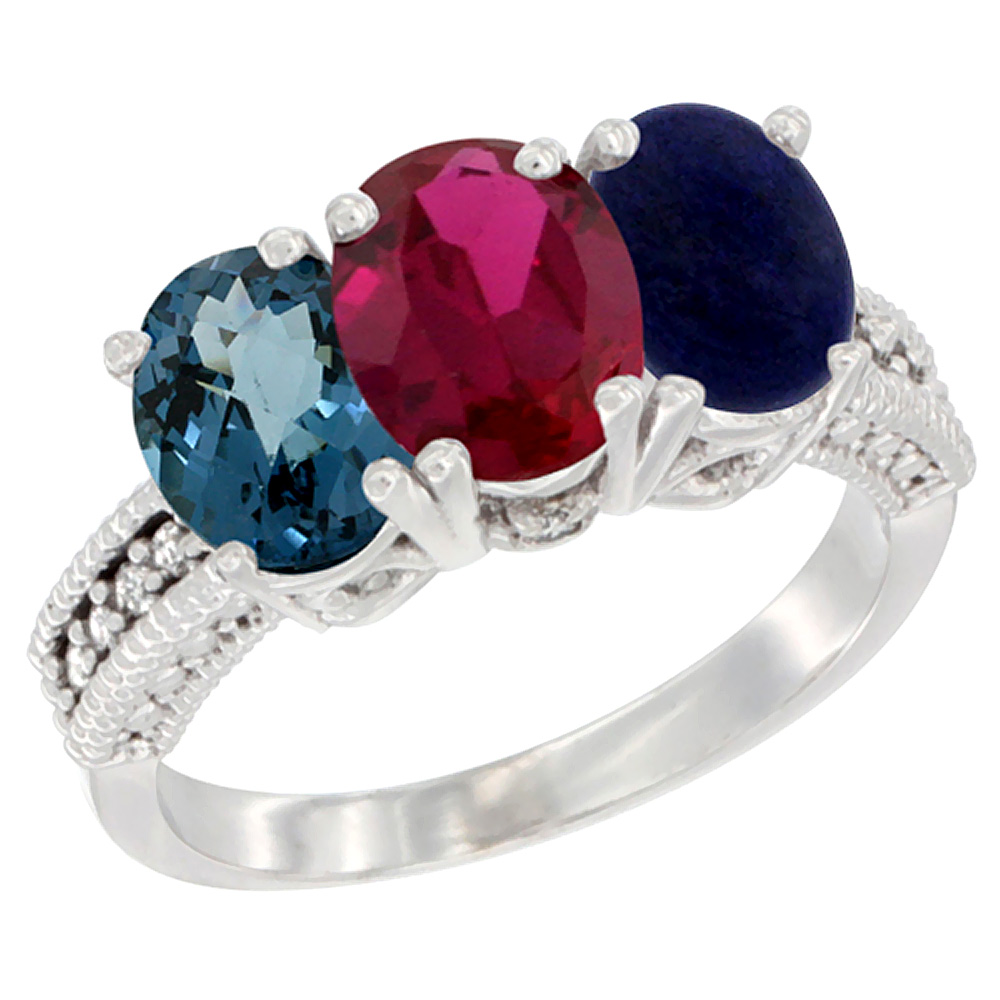 10K White Gold Natural London Blue Topaz, Ruby & Lapis Ring 3-Stone Oval 7x5 mm Diamond Accent, sizes 5 - 10