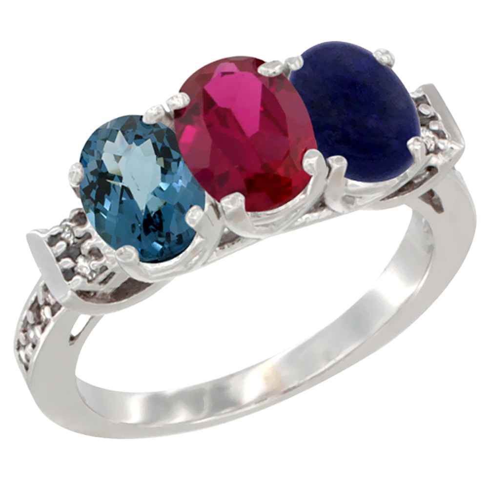 10K White Gold Natural London Blue Topaz, Enhanced Ruby &amp; Natural Lapis Ring 3-Stone Oval 7x5 mm Diamond Accent, sizes 5 - 10