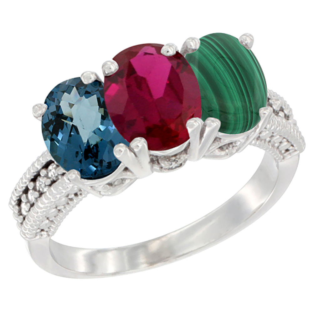 14K White Gold Natural London Blue Topaz, Enhanced Ruby &amp; Natural Malachite Ring 3-Stone 7x5 mm Oval Diamond Accent, sizes 5 - 10