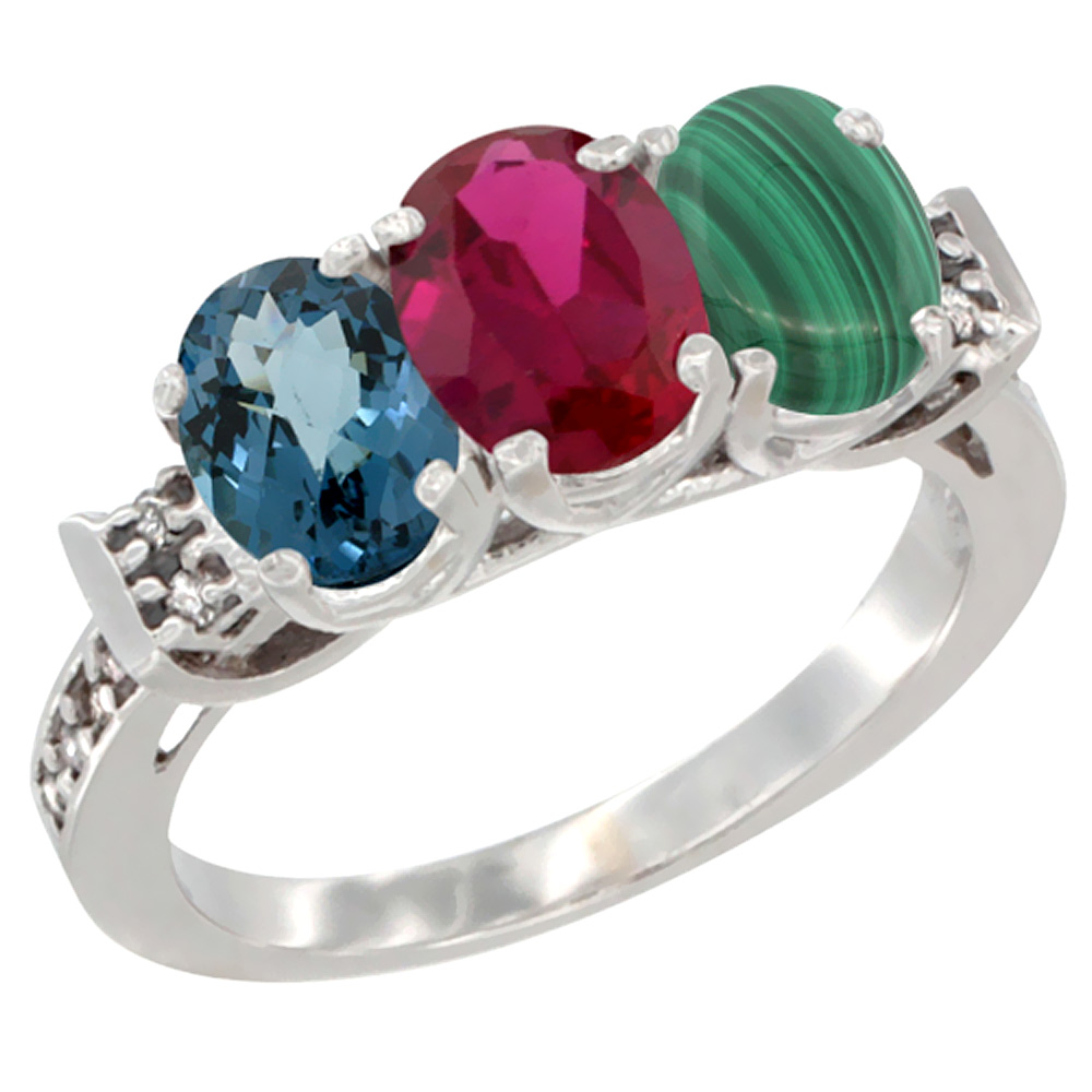 10K White Gold Natural London Blue Topaz, Enhanced Ruby & Natural Malachite Ring 3-Stone Oval 7x5 mm Diamond Accent, sizes 5 - 10