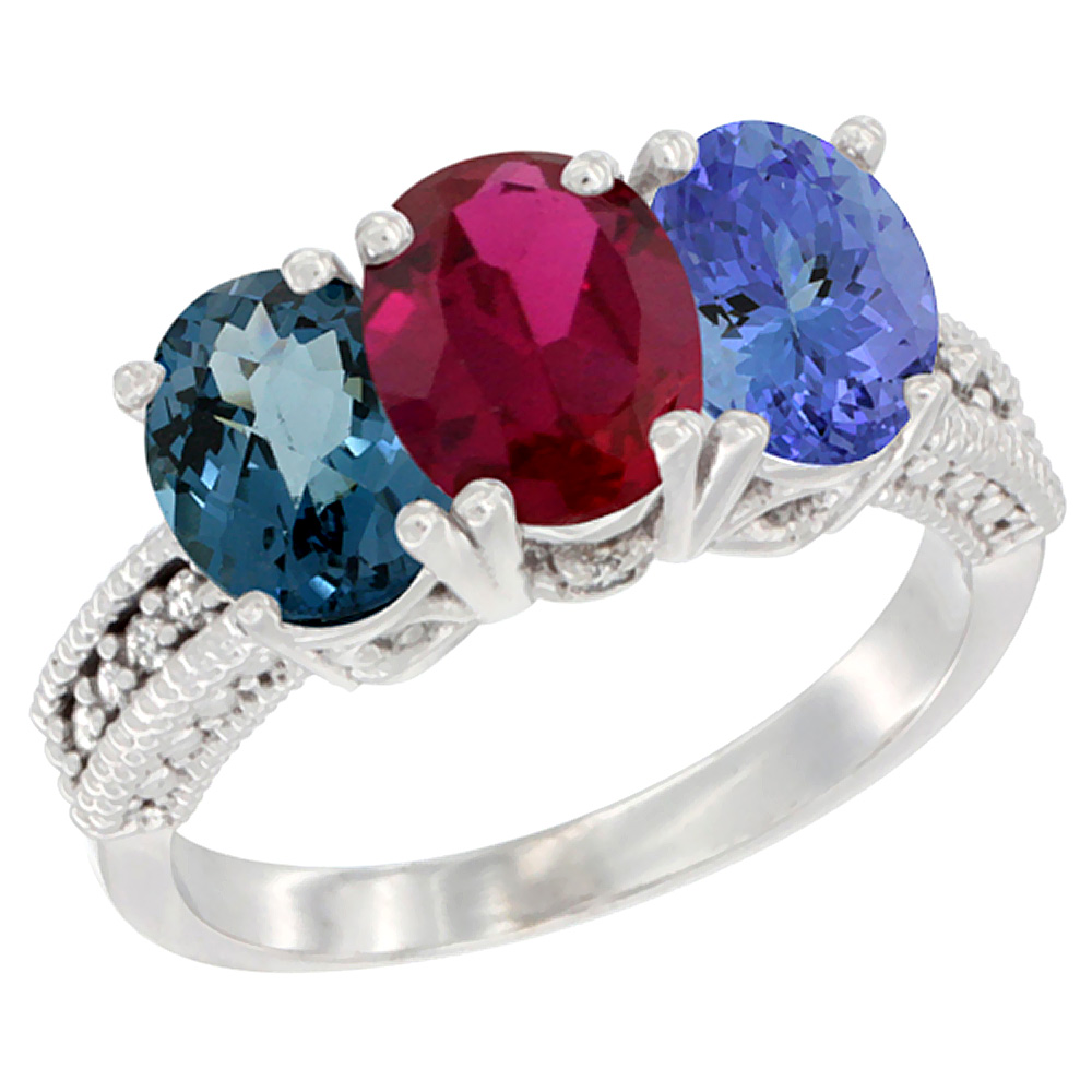 14K White Gold Natural London Blue Topaz, Enhanced Ruby & Natural Tanzanite Ring 3-Stone 7x5 mm Oval Diamond Accent, sizes 5 - 10