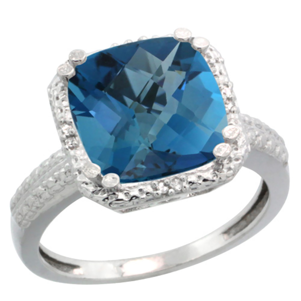 10K White Gold Diamond Natural London Blue Topaz Ring Cushion-cut 11x11mm, sizes 5-10