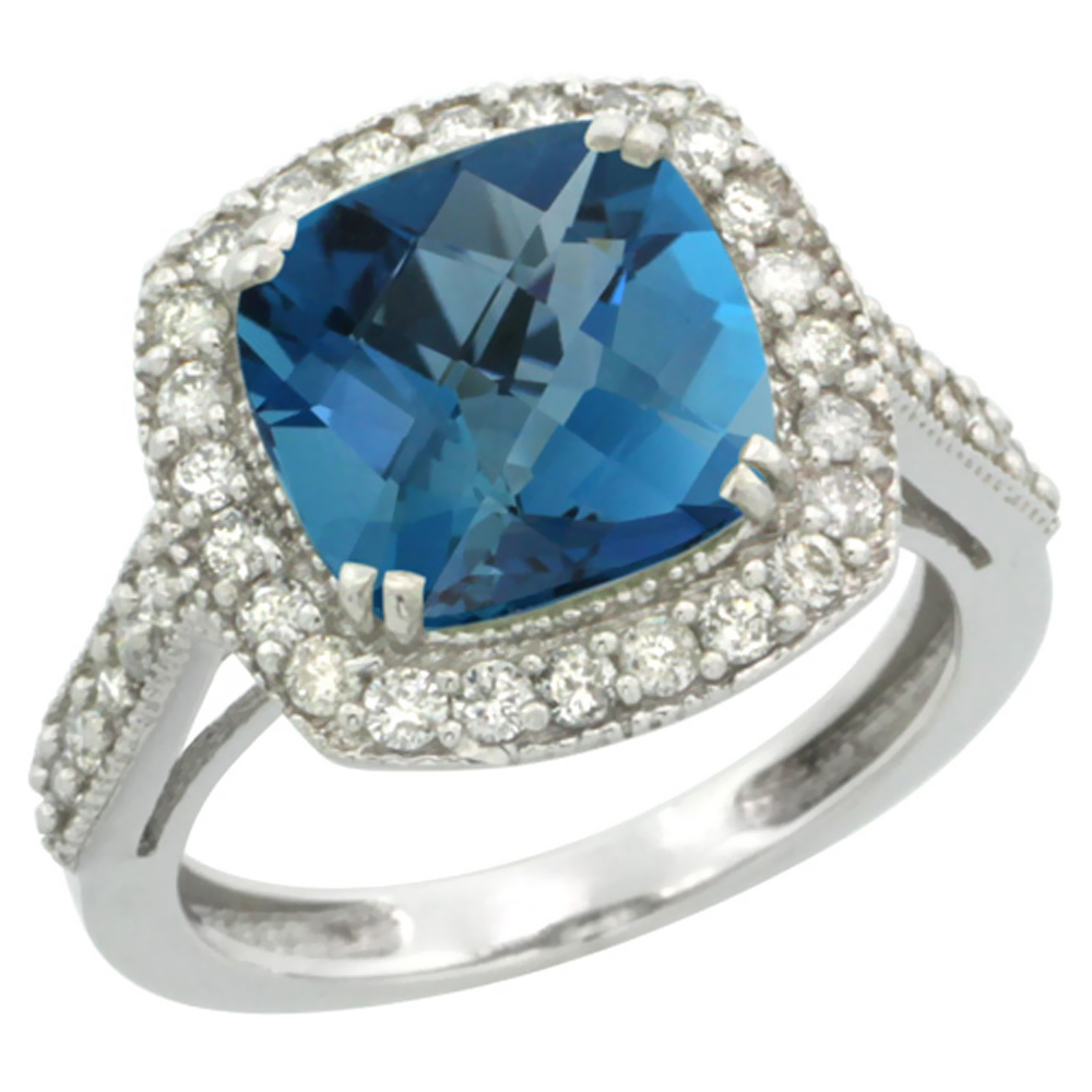 10k White Gold Natural London Blue Topaz Ring Cushion-cut 9x9mm Diamond Halo, sizes 5-10