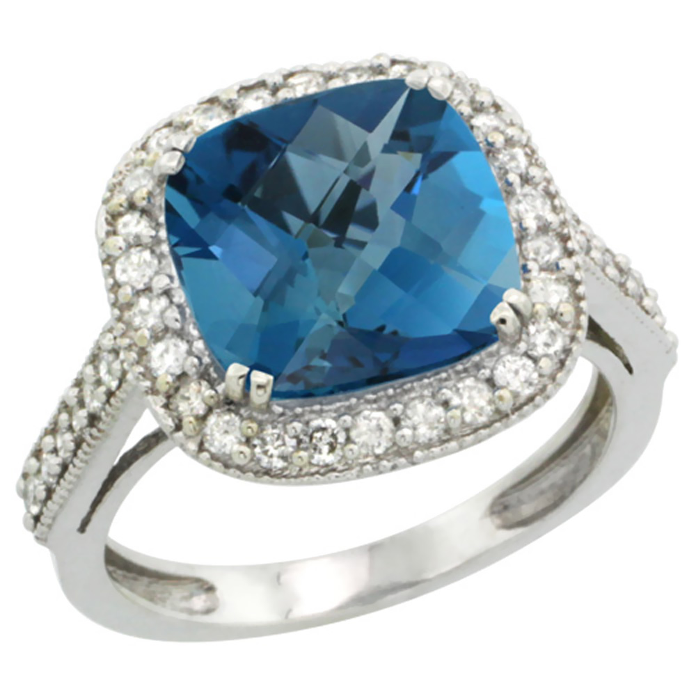 14K White Gold Natural London Blue Topaz Ring Cushion-cut 10x10mm Diamond Halo, sizes 5-10