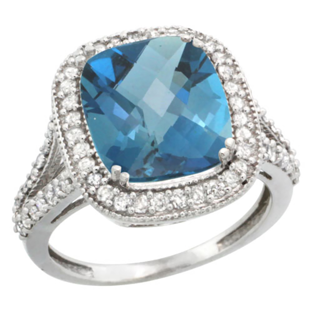 14K White Gold Natural London Blue Topaz Ring Cushion-cut 12x10mm Diamond Halo, sizes 5-10