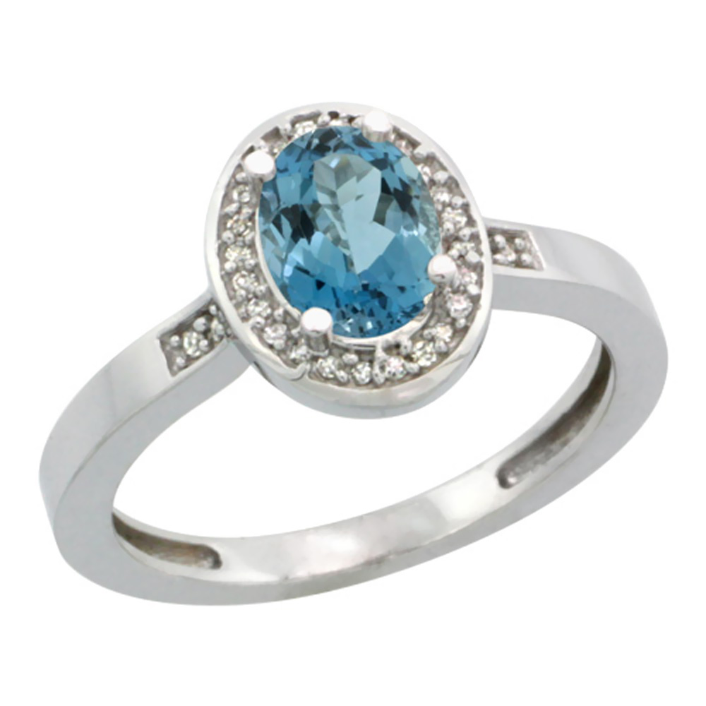 14K White Gold Diamond Natural London Blue Topaz Engagement Ring Oval 7x5mm, sizes 5-10