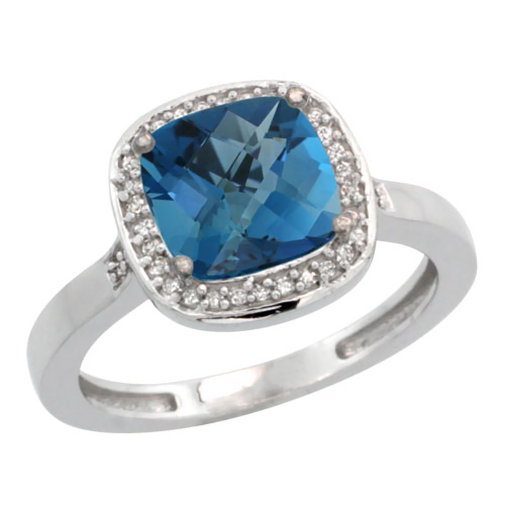 14K White Gold Diamond Natural London Blue Topaz Ring Cushion-cut 8x8mm, sizes 5-10