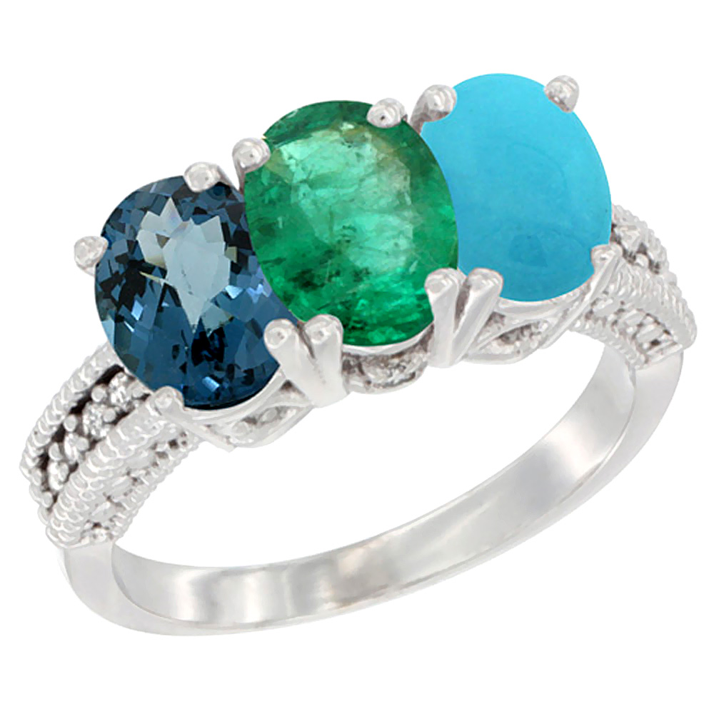 10K White Gold Natural London Blue Topaz, Emerald &amp; Turquoise Ring 3-Stone Oval 7x5 mm Diamond Accent, sizes 5 - 10