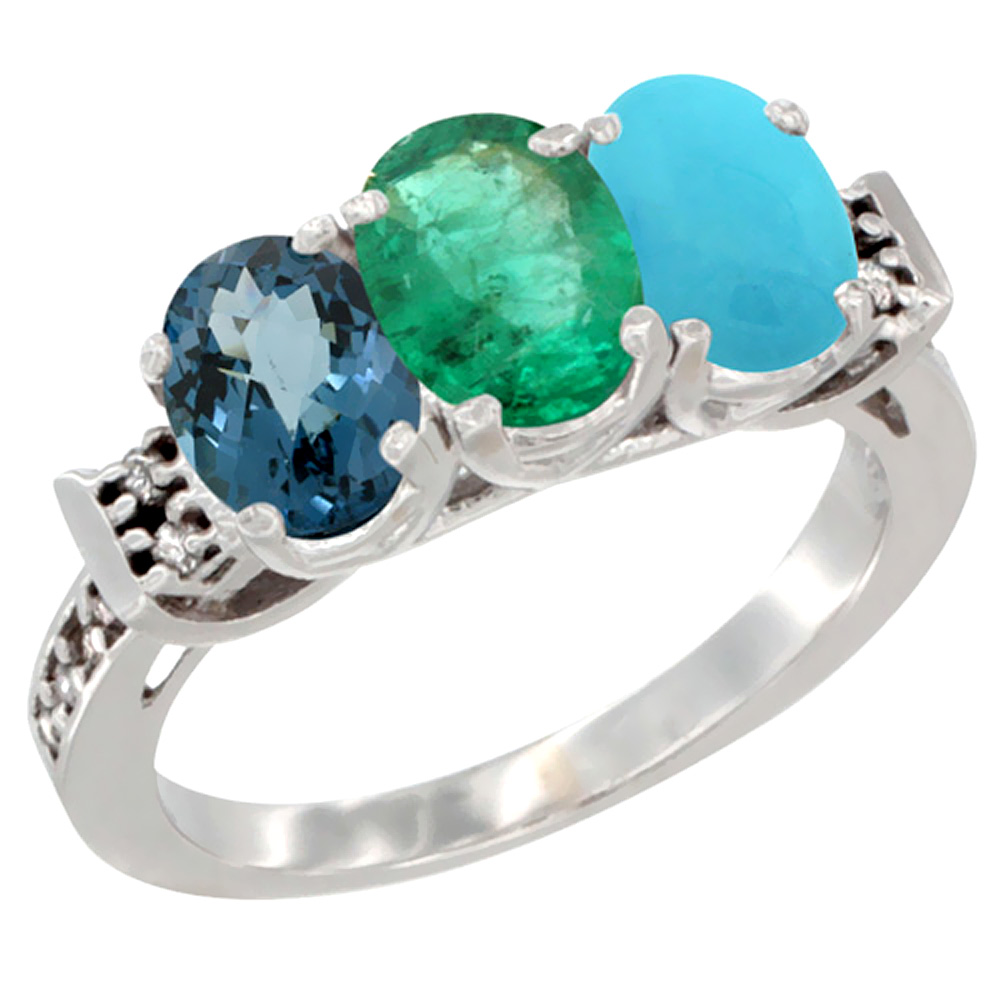 14K White Gold Natural London Blue Topaz, Emerald & Turquoise Ring 3-Stone 7x5 mm Oval Diamond Accent, sizes 5 - 10