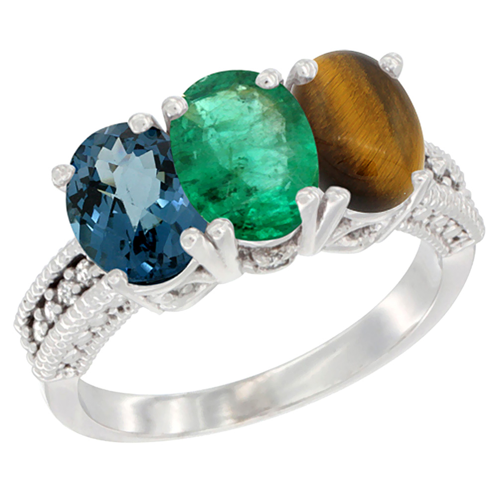 10K White Gold Natural London Blue Topaz, Emerald & Tiger Eye Ring 3-Stone Oval 7x5 mm Diamond Accent, sizes 5 - 10