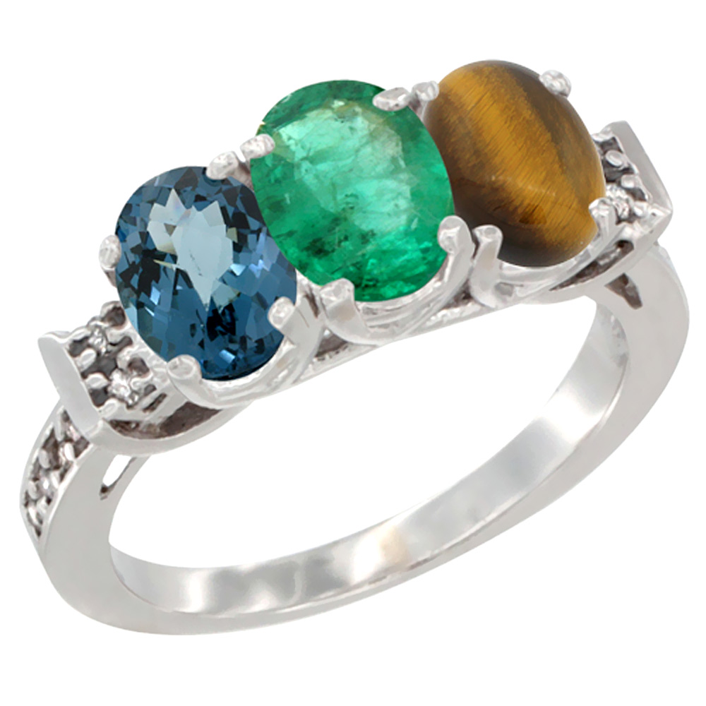 14K White Gold Natural London Blue Topaz, Emerald & Tiger Eye Ring 3-Stone 7x5 mm Oval Diamond Accent, sizes 5 - 10