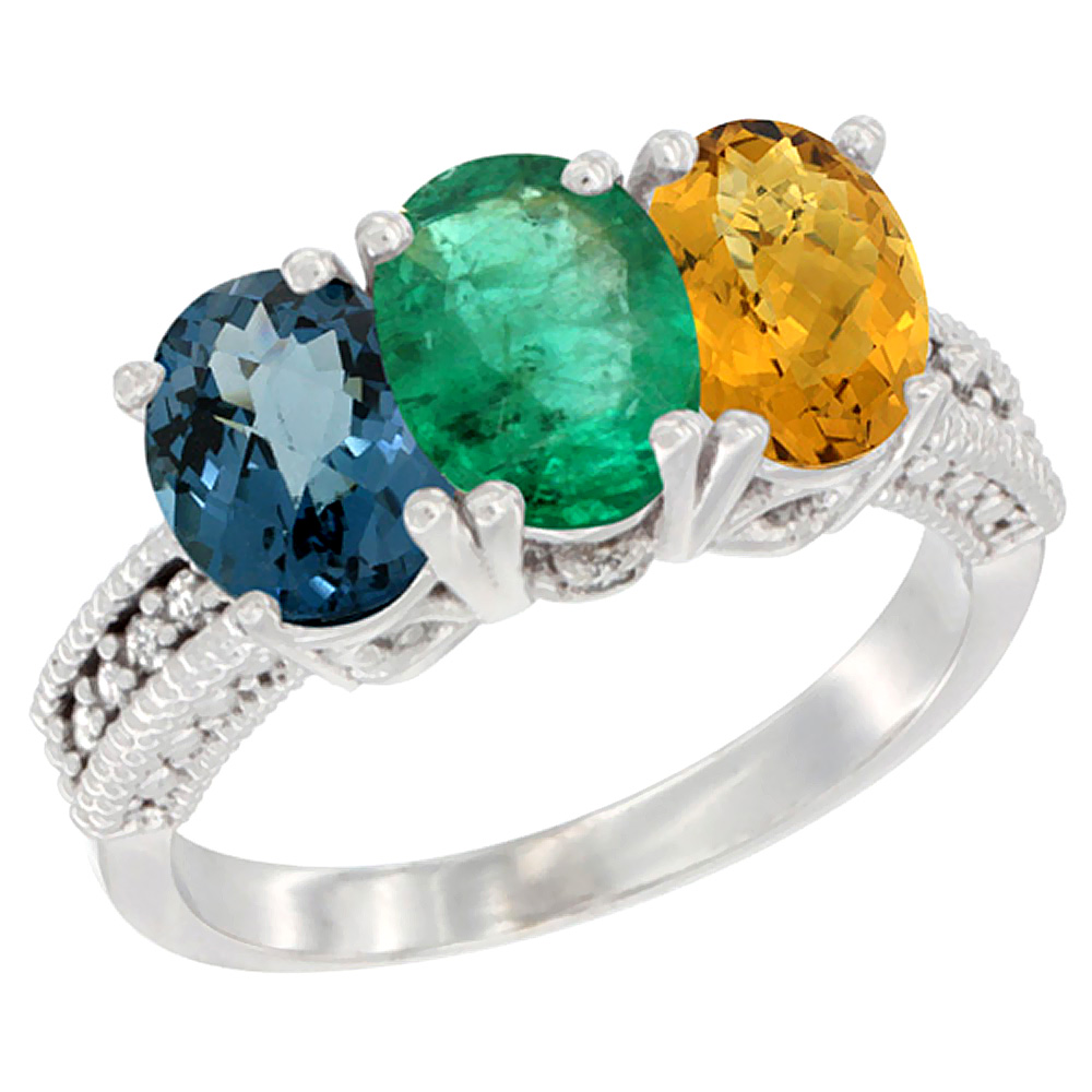 14K White Gold Natural London Blue Topaz, Emerald & Whisky Quartz Ring 3-Stone 7x5 mm Oval Diamond Accent, sizes 5 - 10