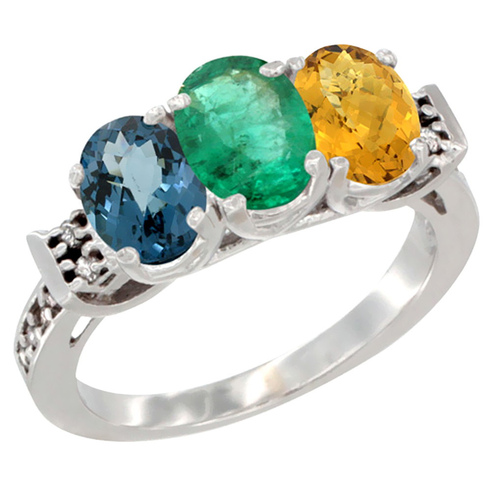 14K White Gold Natural London Blue Topaz, Emerald & Whisky Quartz Ring 3-Stone 7x5 mm Oval Diamond Accent, sizes 5 - 10