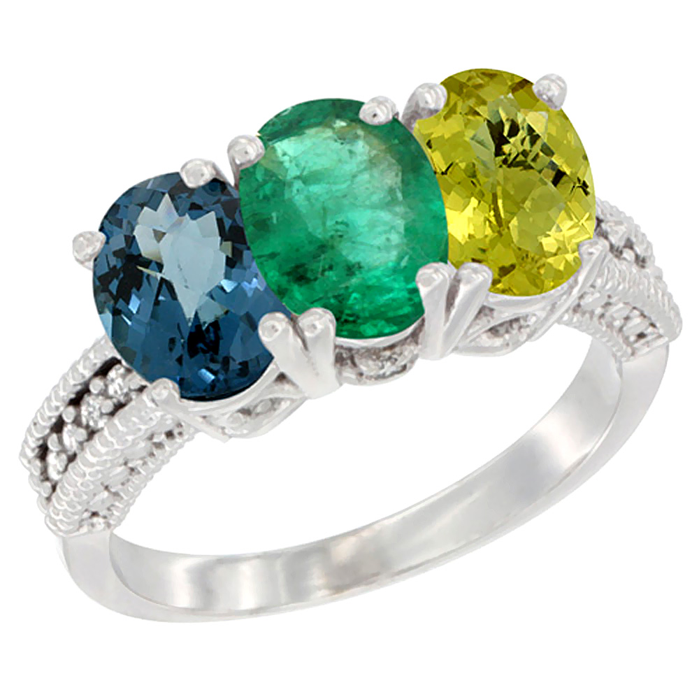 14K White Gold Natural London Blue Topaz, Emerald & Lemon Quartz Ring 3-Stone 7x5 mm Oval Diamond Accent, sizes 5 - 10