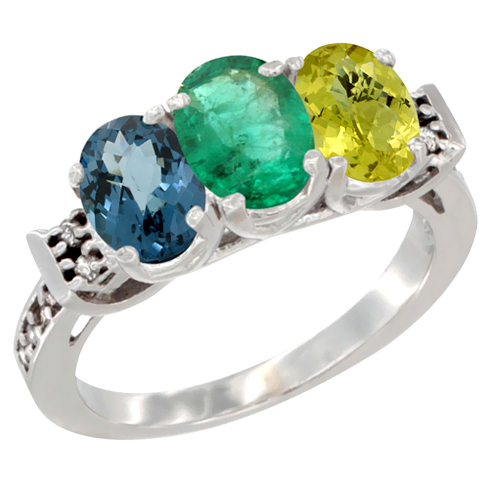 10K White Gold Natural London Blue Topaz, Emerald & Lemon Quartz Ring 3-Stone Oval 7x5 mm Diamond Accent, sizes 5 - 10