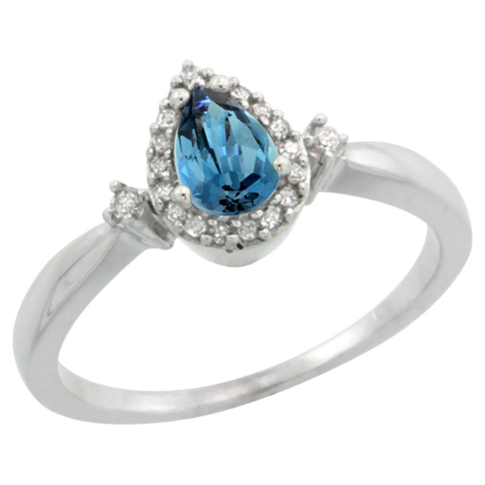 14K White Gold Diamond Natural London Blue Topaz Ring Pear 6x4mm, sizes 5-10