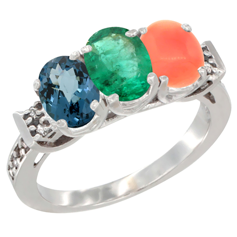 10K White Gold Natural London Blue Topaz, Emerald &amp; Coral Ring 3-Stone Oval 7x5 mm Diamond Accent, sizes 5 - 10