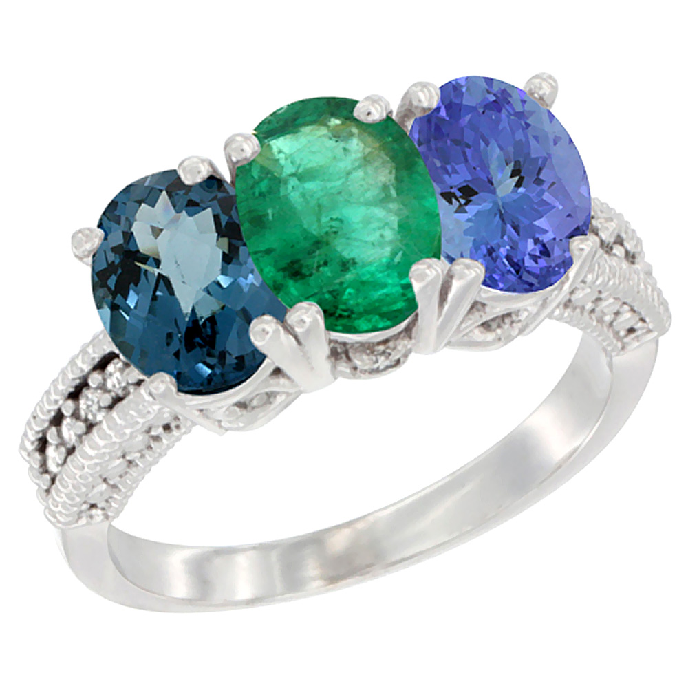 10K White Gold Natural London Blue Topaz, Emerald & Tanzanite Ring 3-Stone Oval 7x5 mm Diamond Accent, sizes 5 - 10