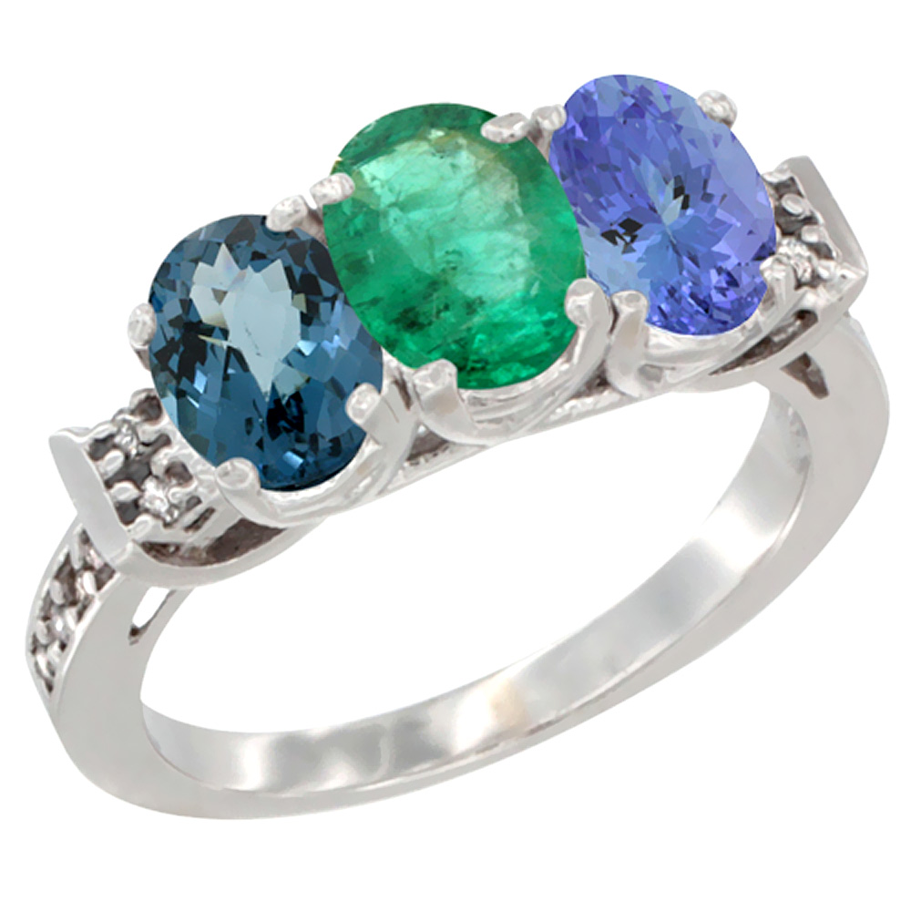 14K White Gold Natural London Blue Topaz, Emerald & Tanzanite Ring 3-Stone 7x5 mm Oval Diamond Accent, sizes 5 - 10