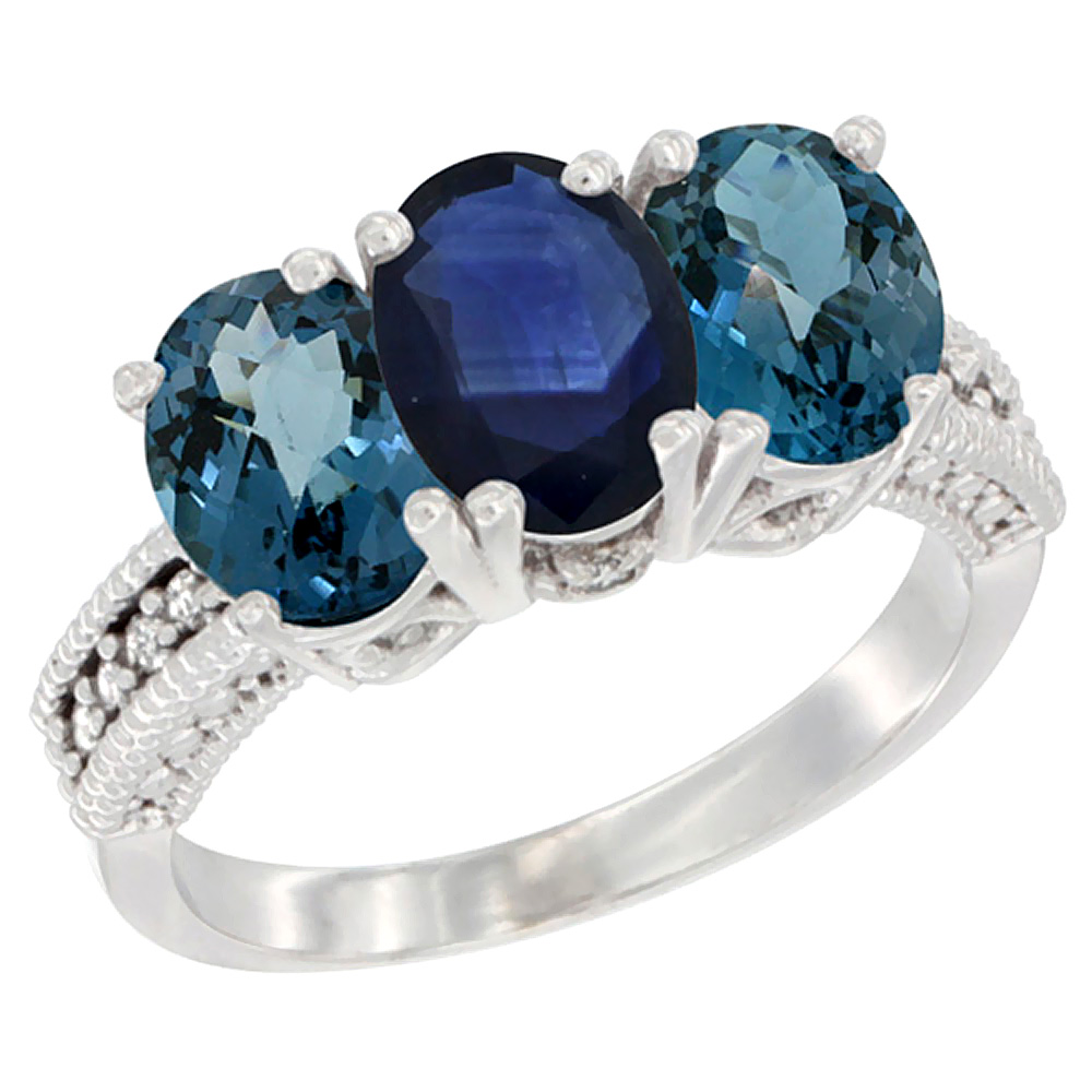 10K White Gold Natural Blue Sapphire & London Blue Topaz Sides Ring 3-Stone Oval 7x5 mm Diamond Accent, sizes 5 - 10