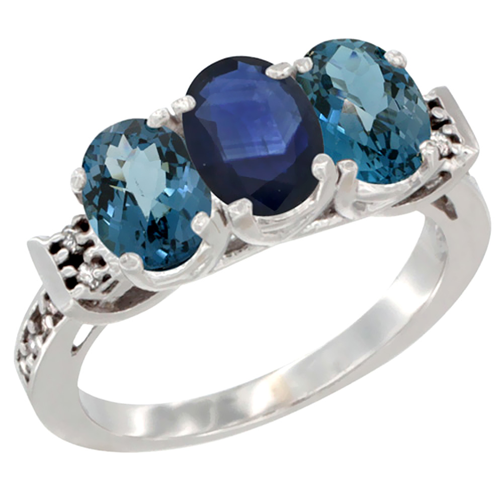 14K White Gold Natural Blue Sapphire & London Blue Topaz Sides Ring 3-Stone 7x5 mm Oval Diamond Accent, sizes 5 - 10