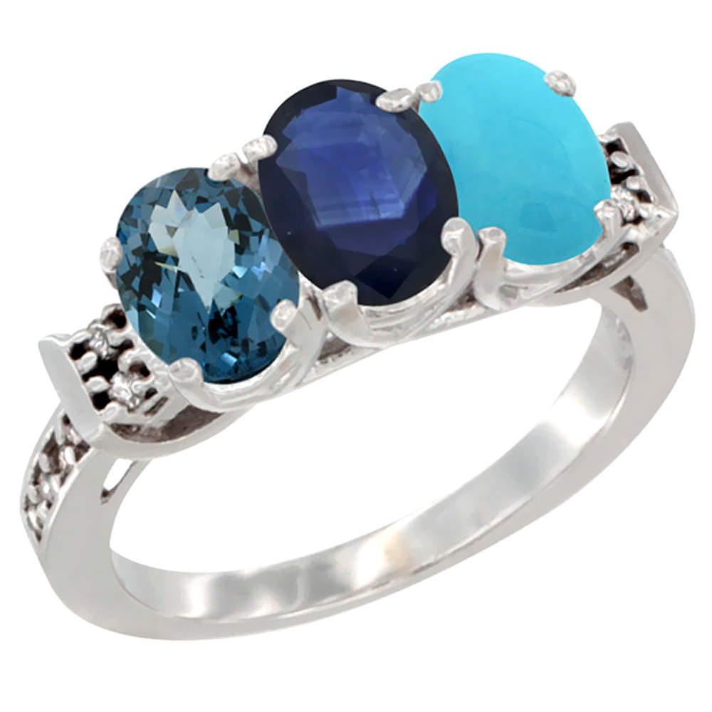 14K White Gold Natural London Blue Topaz, Blue Sapphire & Turquoise Ring 3-Stone 7x5 mm Oval Diamond Accent, sizes 5 - 10