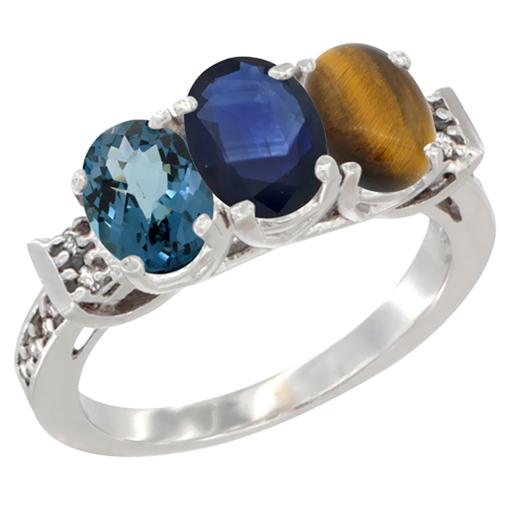 14K White Gold Natural London Blue Topaz, Blue Sapphire & Tiger Eye Ring 3-Stone 7x5 mm Oval Diamond Accent, sizes 5 - 10