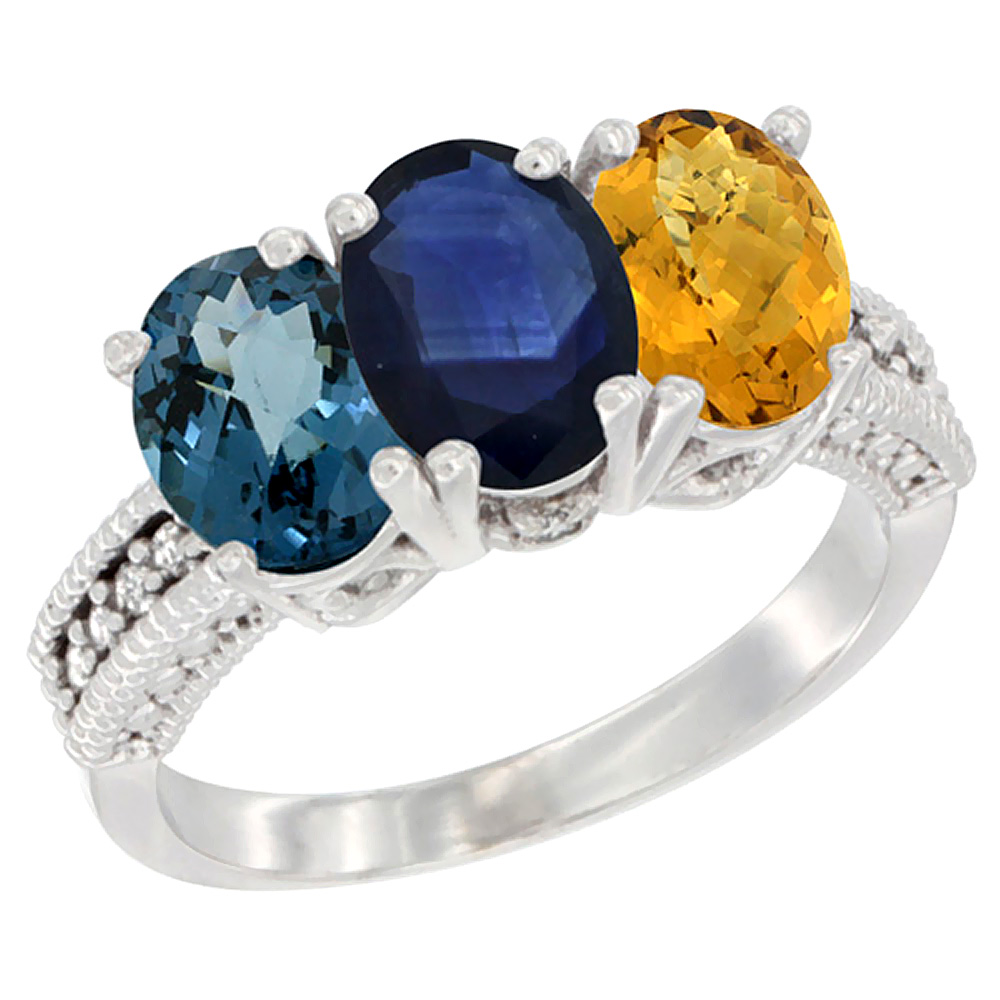 14K White Gold Natural London Blue Topaz, Blue Sapphire & Whisky Quartz Ring 3-Stone 7x5 mm Oval Diamond Accent, sizes 5 - 10