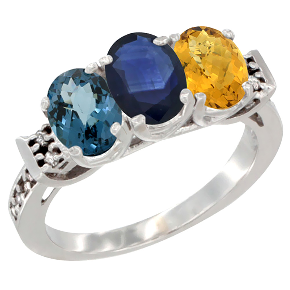 14K White Gold Natural London Blue Topaz, Blue Sapphire & Whisky Quartz Ring 3-Stone 7x5 mm Oval Diamond Accent, sizes 5 - 10