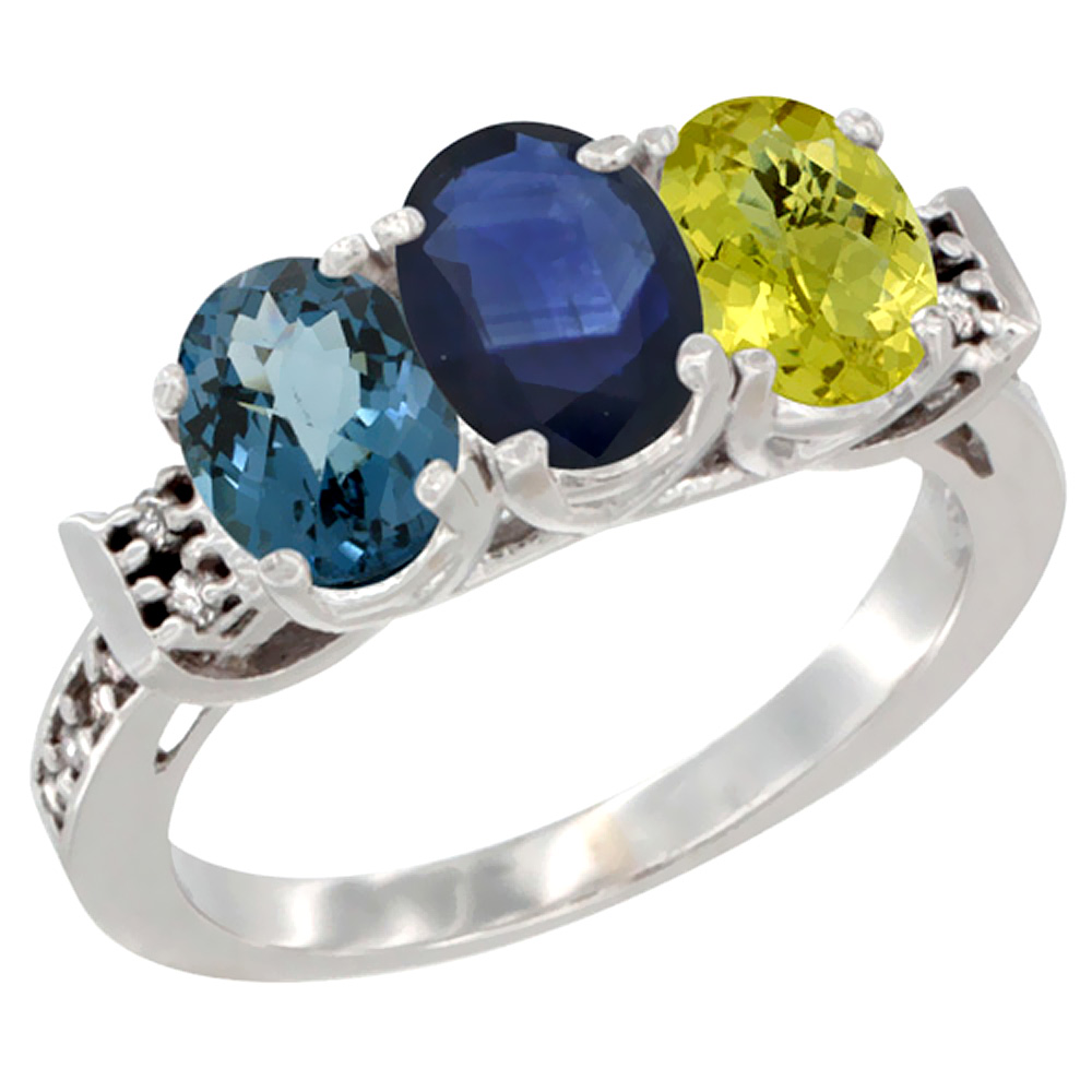 10K White Gold Natural London Blue Topaz, Blue Sapphire & Lemon Quartz Ring 3-Stone Oval 7x5 mm Diamond Accent, sizes 5 - 10