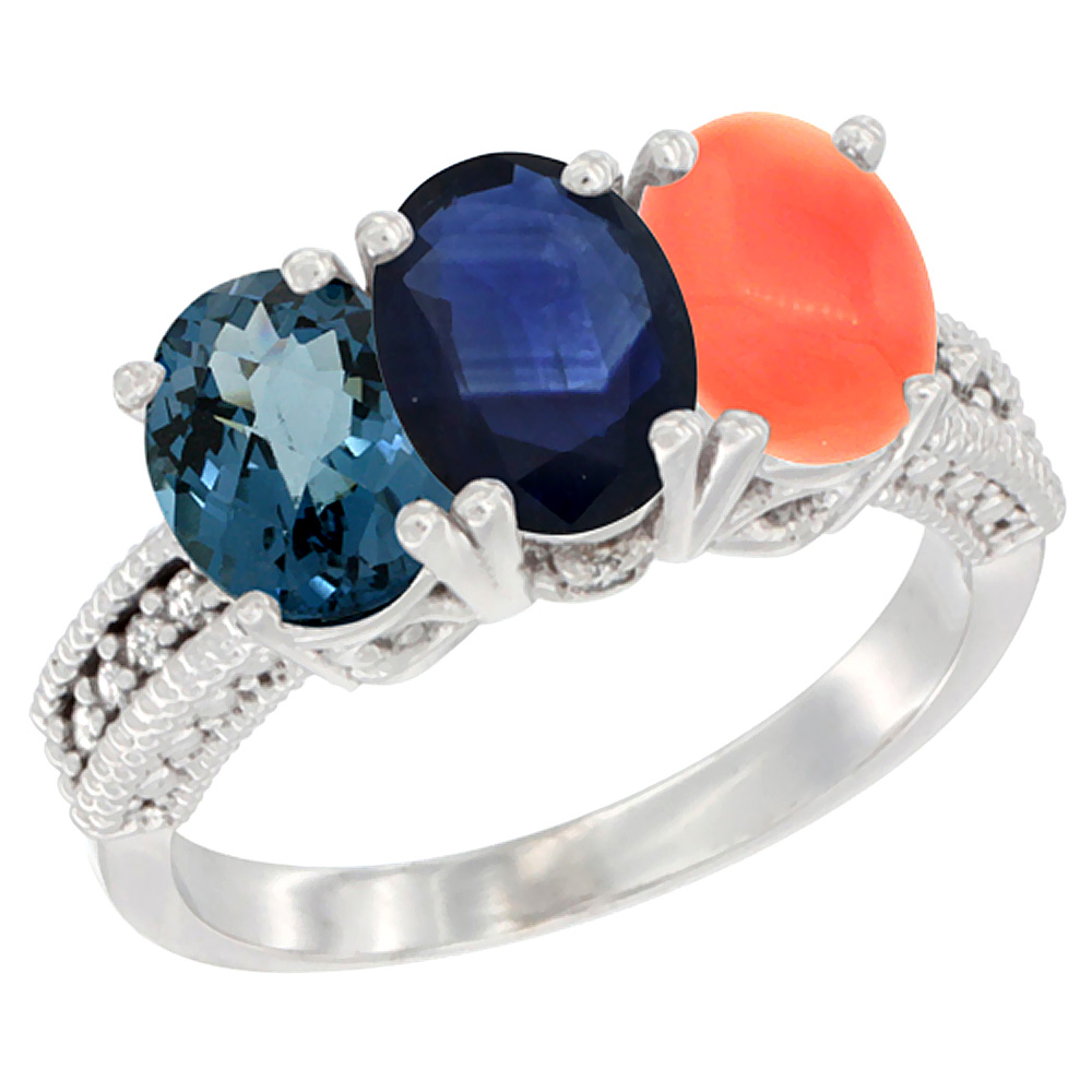 14K White Gold Natural London Blue Topaz, Blue Sapphire & Coral Ring 3-Stone 7x5 mm Oval Diamond Accent, sizes 5 - 10