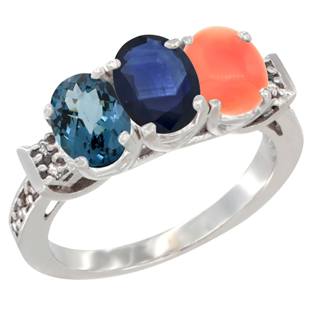 14K White Gold Natural London Blue Topaz, Blue Sapphire &amp; Coral Ring 3-Stone 7x5 mm Oval Diamond Accent, sizes 5 - 10