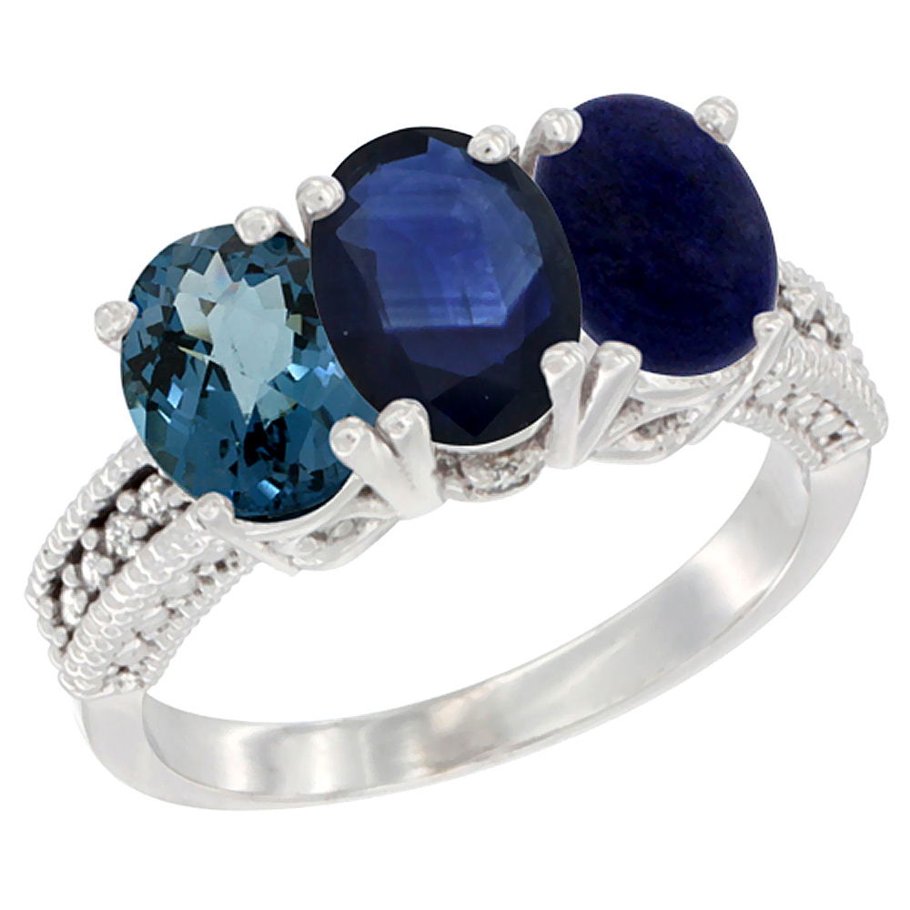 14K White Gold Natural London Blue Topaz, Blue Sapphire & Lapis Ring 3-Stone 7x5 mm Oval Diamond Accent, sizes 5 - 10