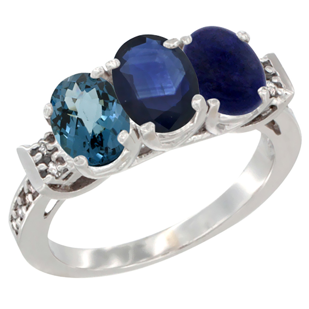 14K White Gold Natural London Blue Topaz, Blue Sapphire &amp; Lapis Ring 3-Stone 7x5 mm Oval Diamond Accent, sizes 5 - 10